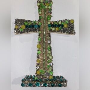 Artisanal Wood ✝️ w/ base & Repurposed Jewelry Diff. Hues of Green & Silver